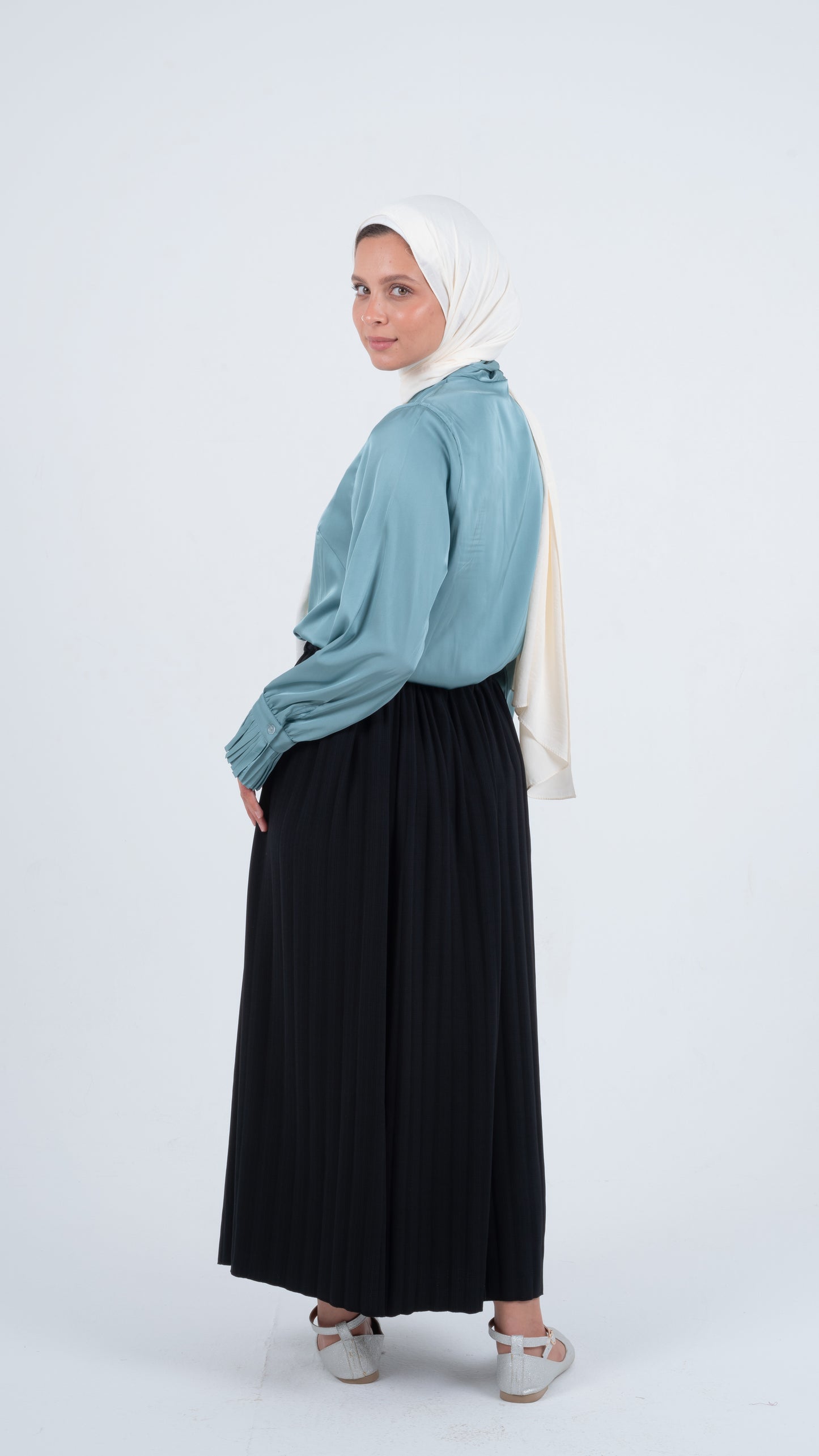 Mint Formal Soft Satin Blouse with a Pleated Tie