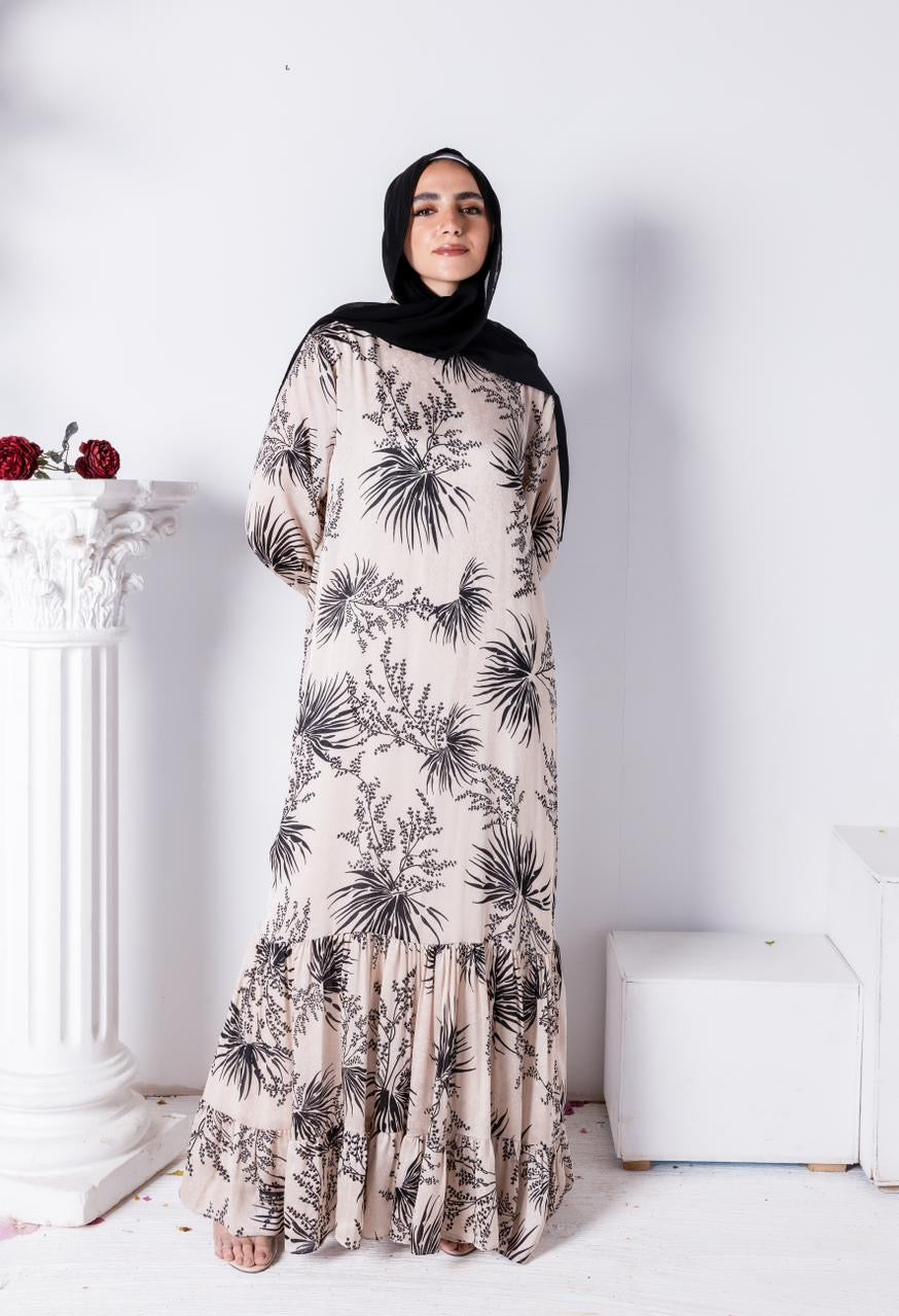 Floral Jacquard Printed Dress Beige x Black