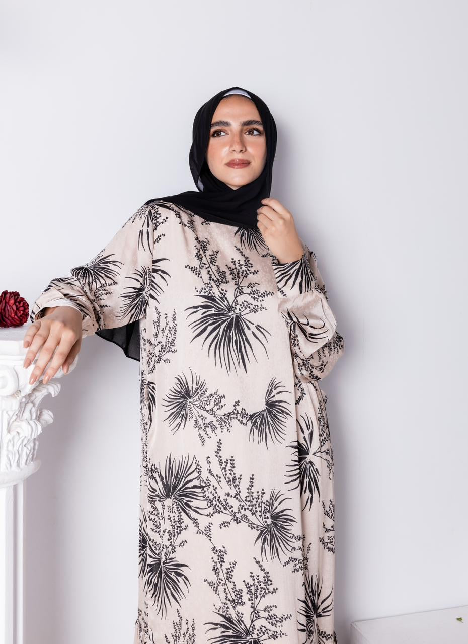 Floral Jacquard Printed Dress Beige x Black