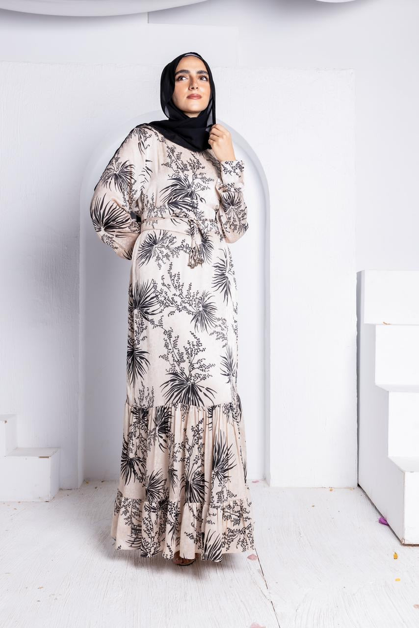 Floral Jacquard Printed Dress Beige x Black