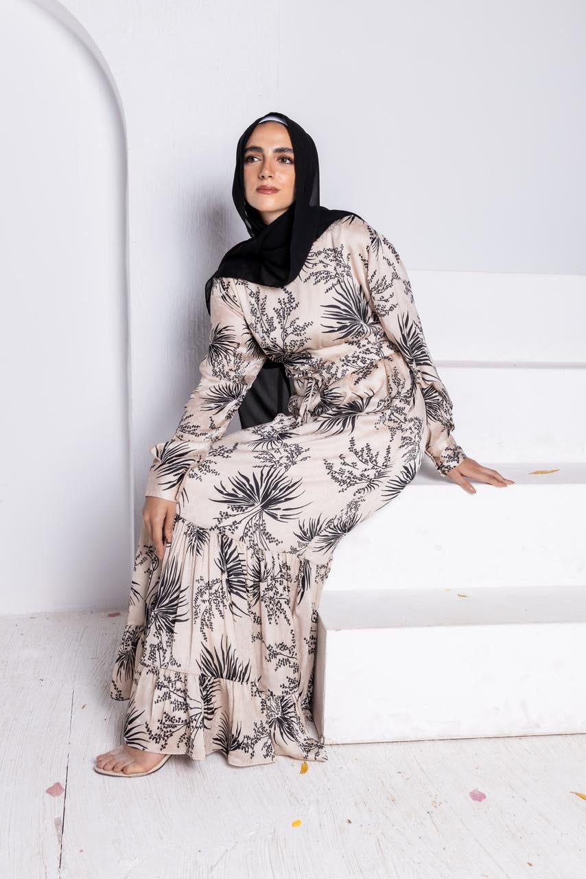 Floral Jacquard Printed Dress Beige x Black