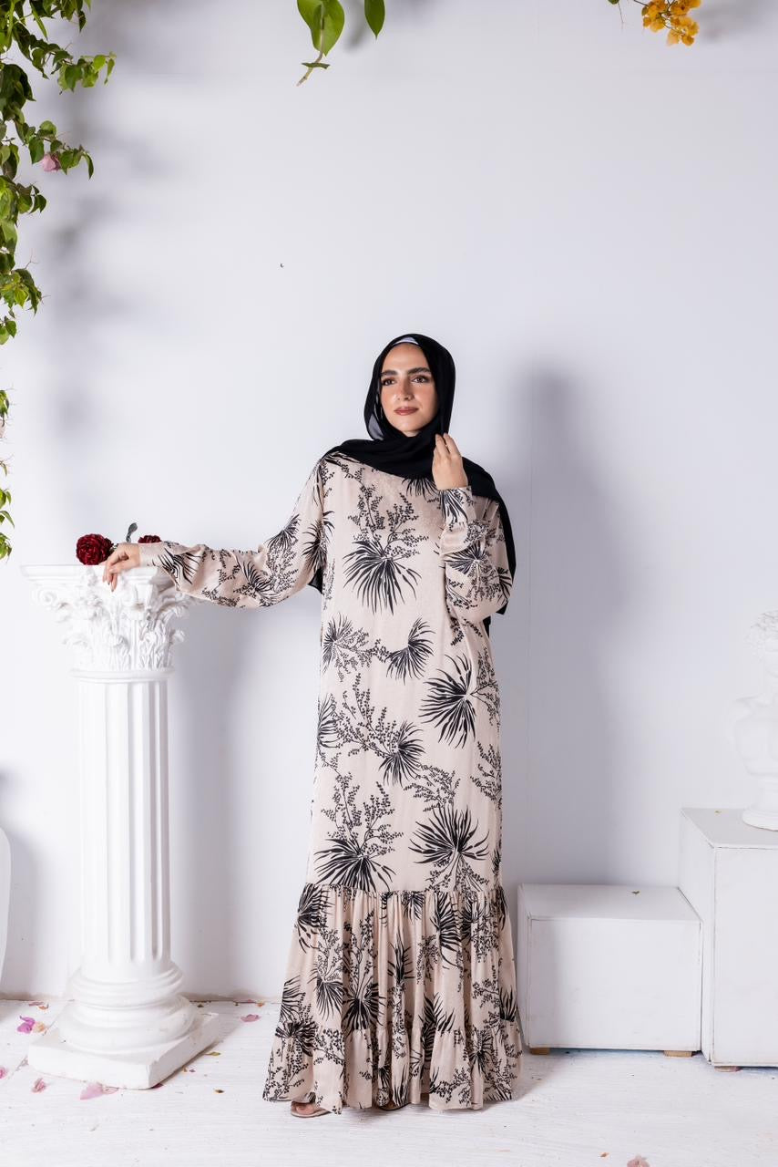 Floral Jacquard Printed Dress Beige x Black