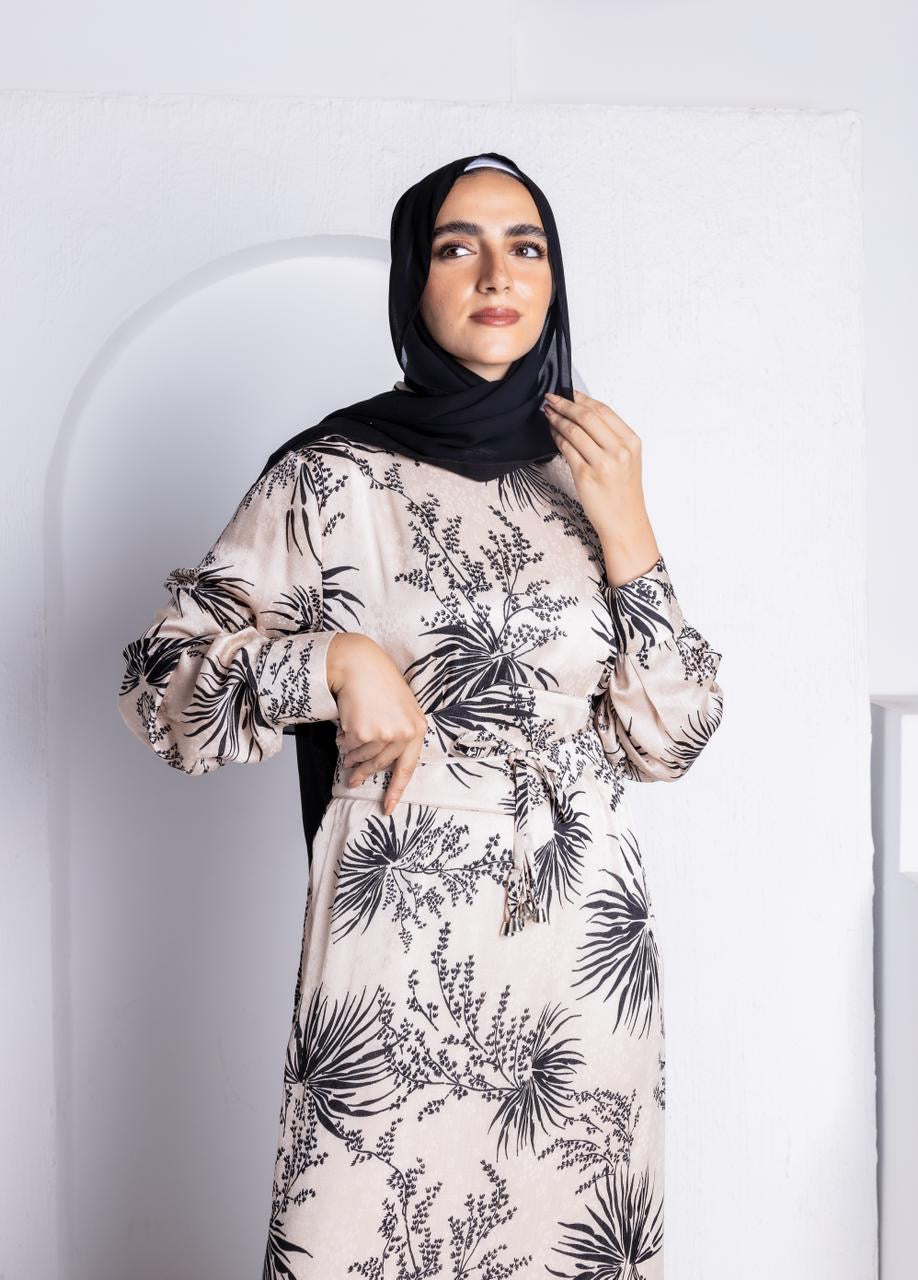 Floral Jacquard Printed Dress Beige x Black