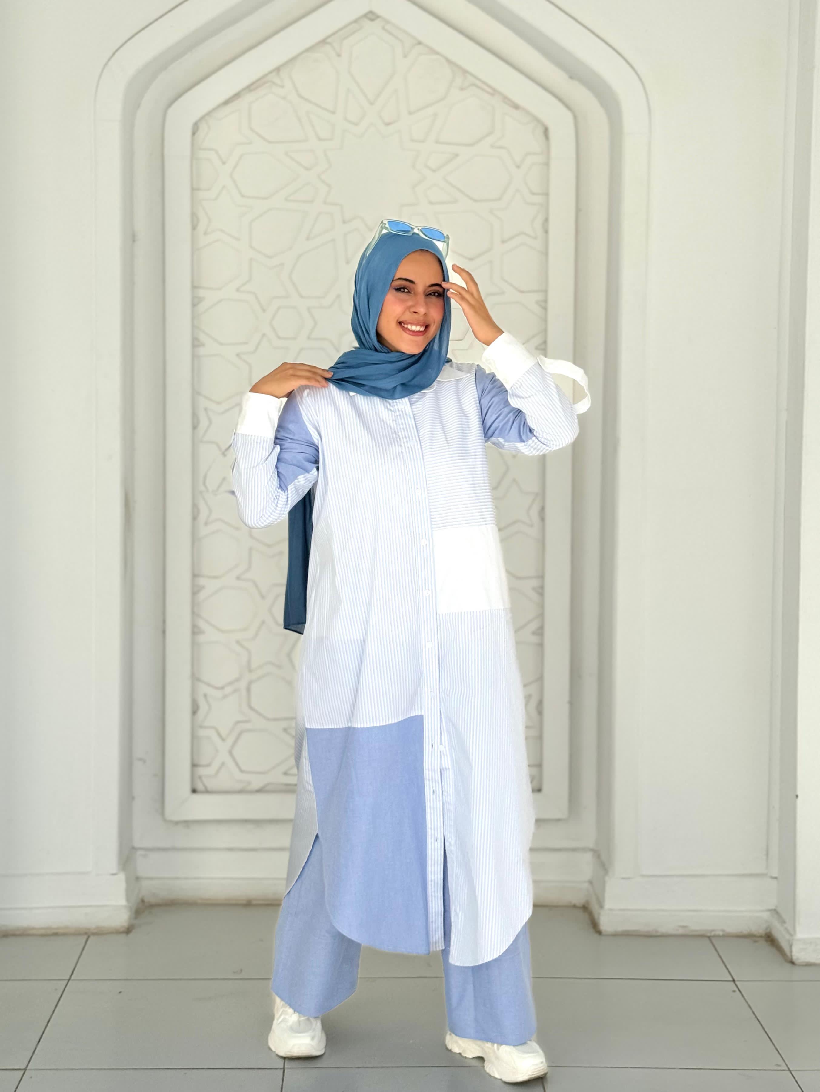 Baby Blue Linen Set Printed