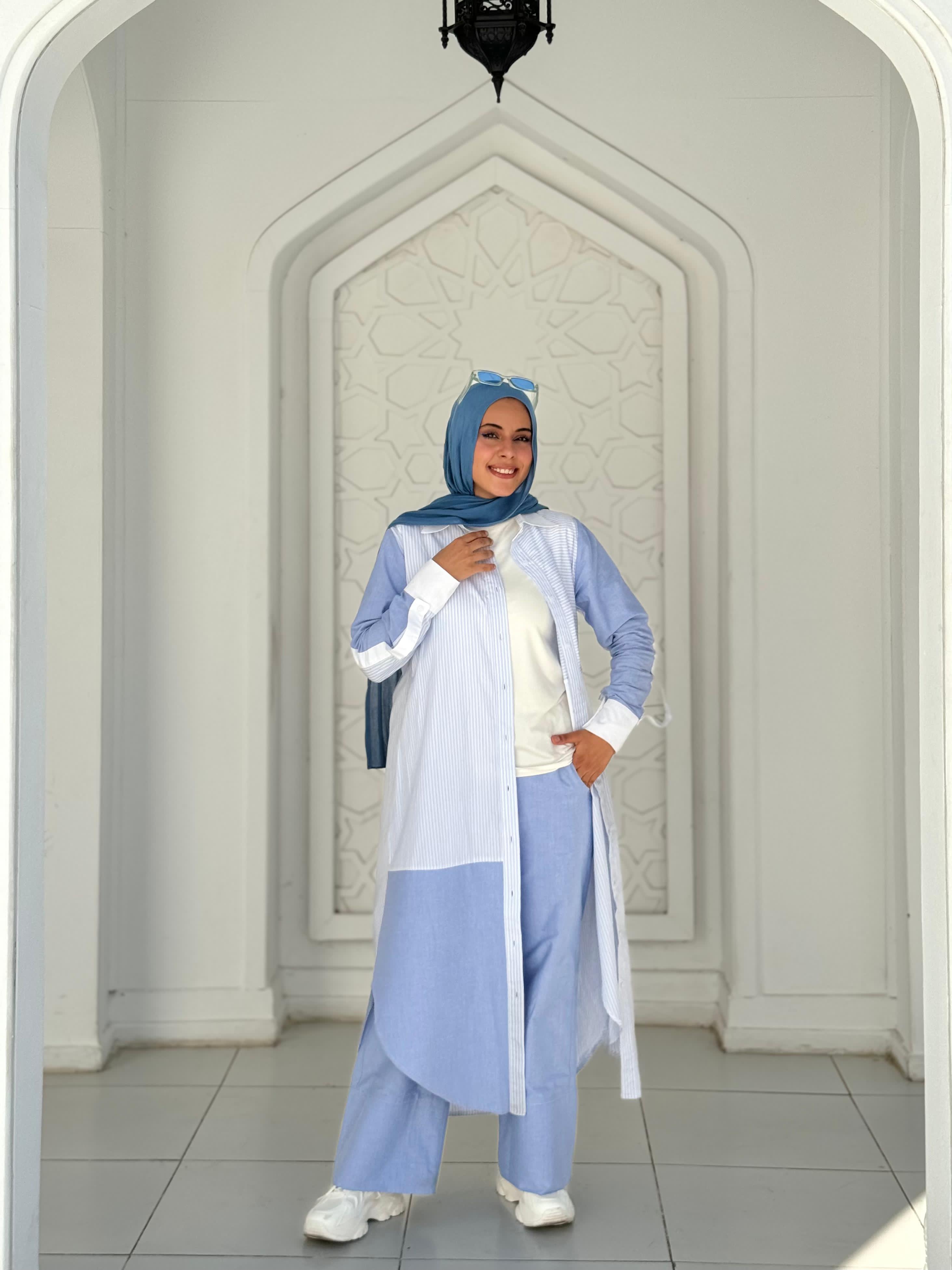 Baby Blue Linen Set Printed