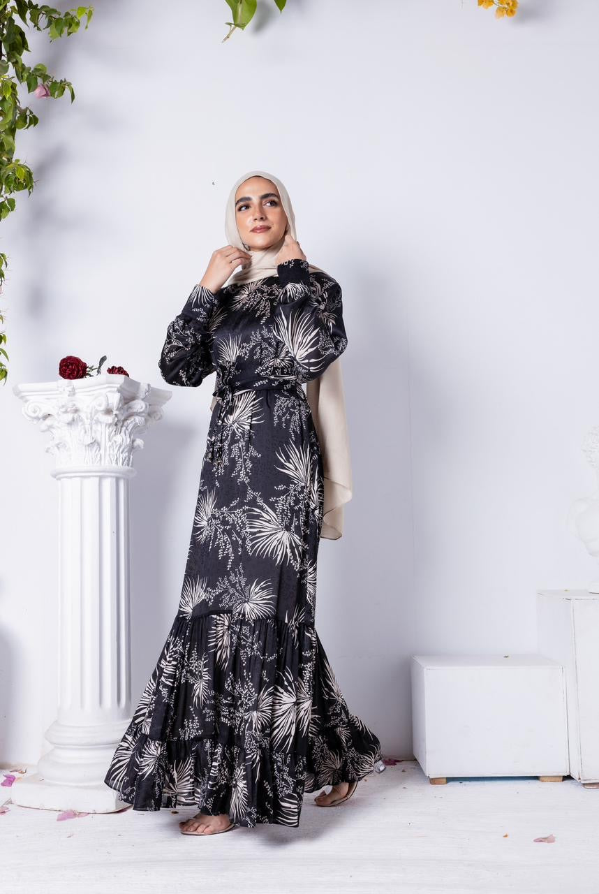 Floral Jacquard Printed Dress Black x Beige