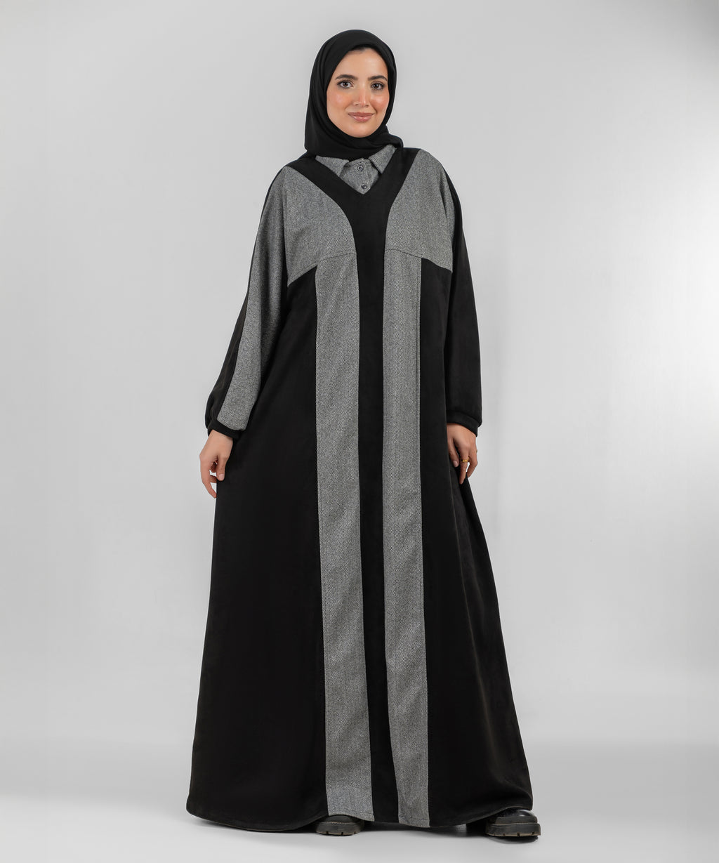 Winter Elegant Two-Tone Modest Abaya – Black & Grey Tweed