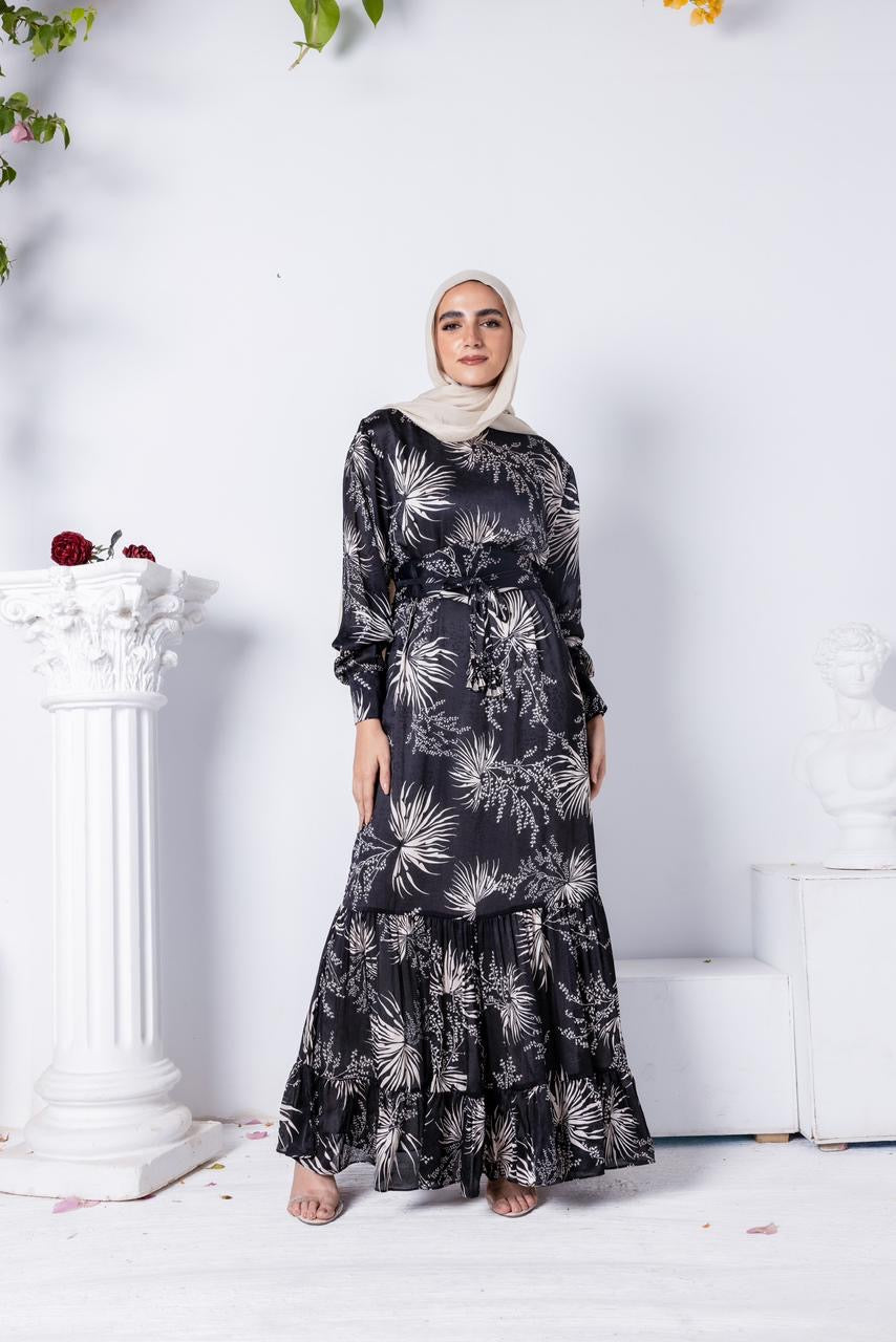 Floral Jacquard Printed Dress Black x Beige
