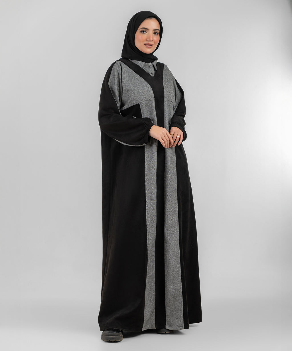 Winter Elegant Two-Tone Modest Abaya – Black & Grey Tweed