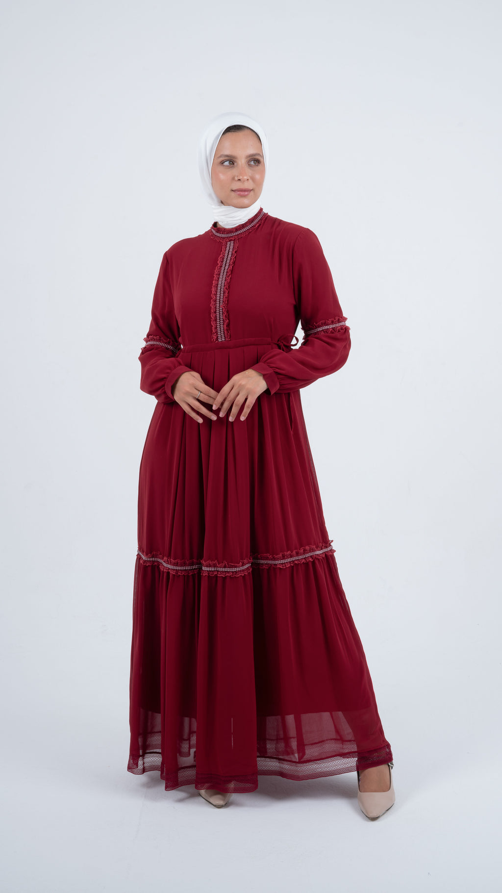 Red Pearl Chiffon Dress