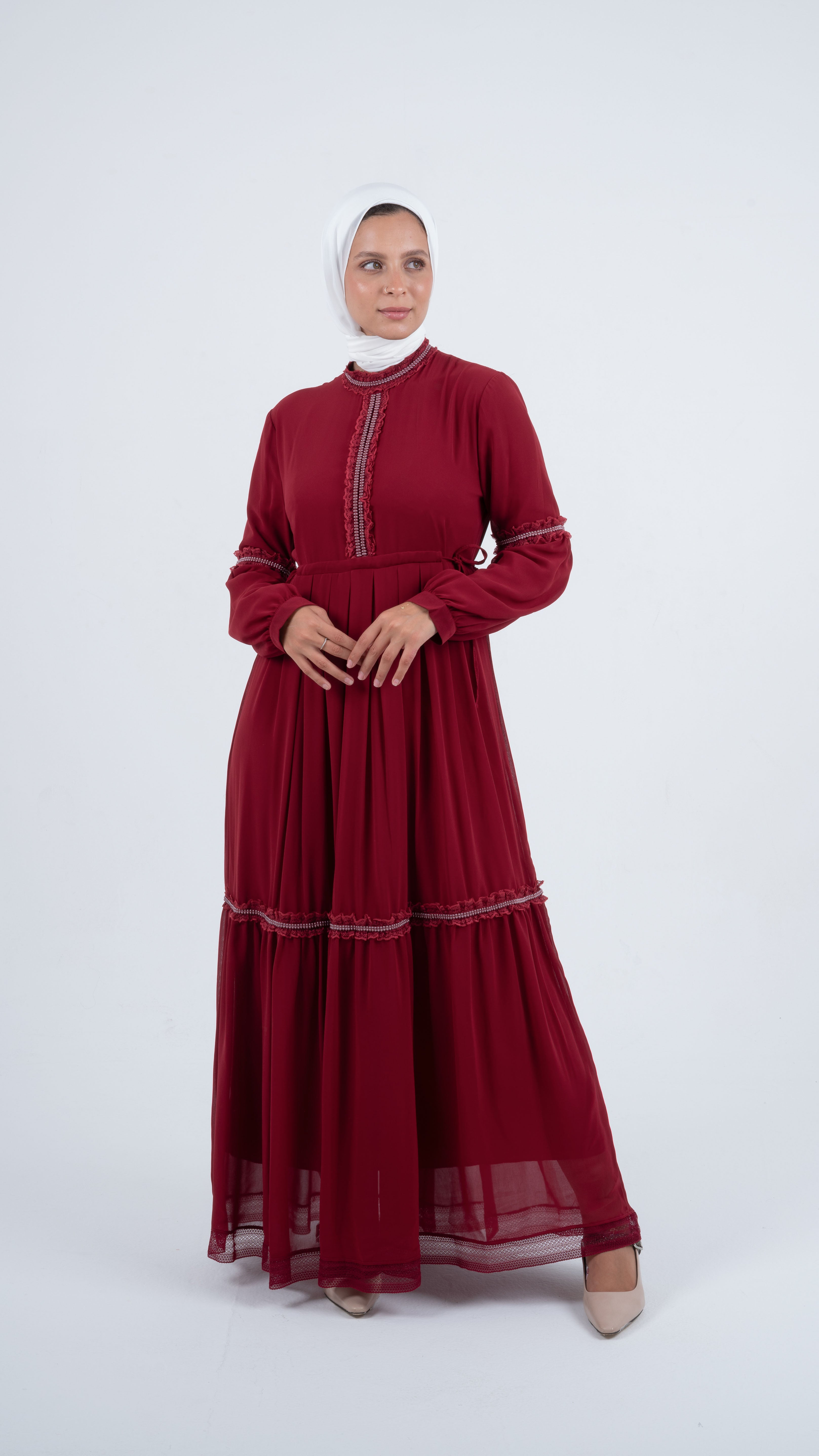 Red Pearl Chiffon Dress