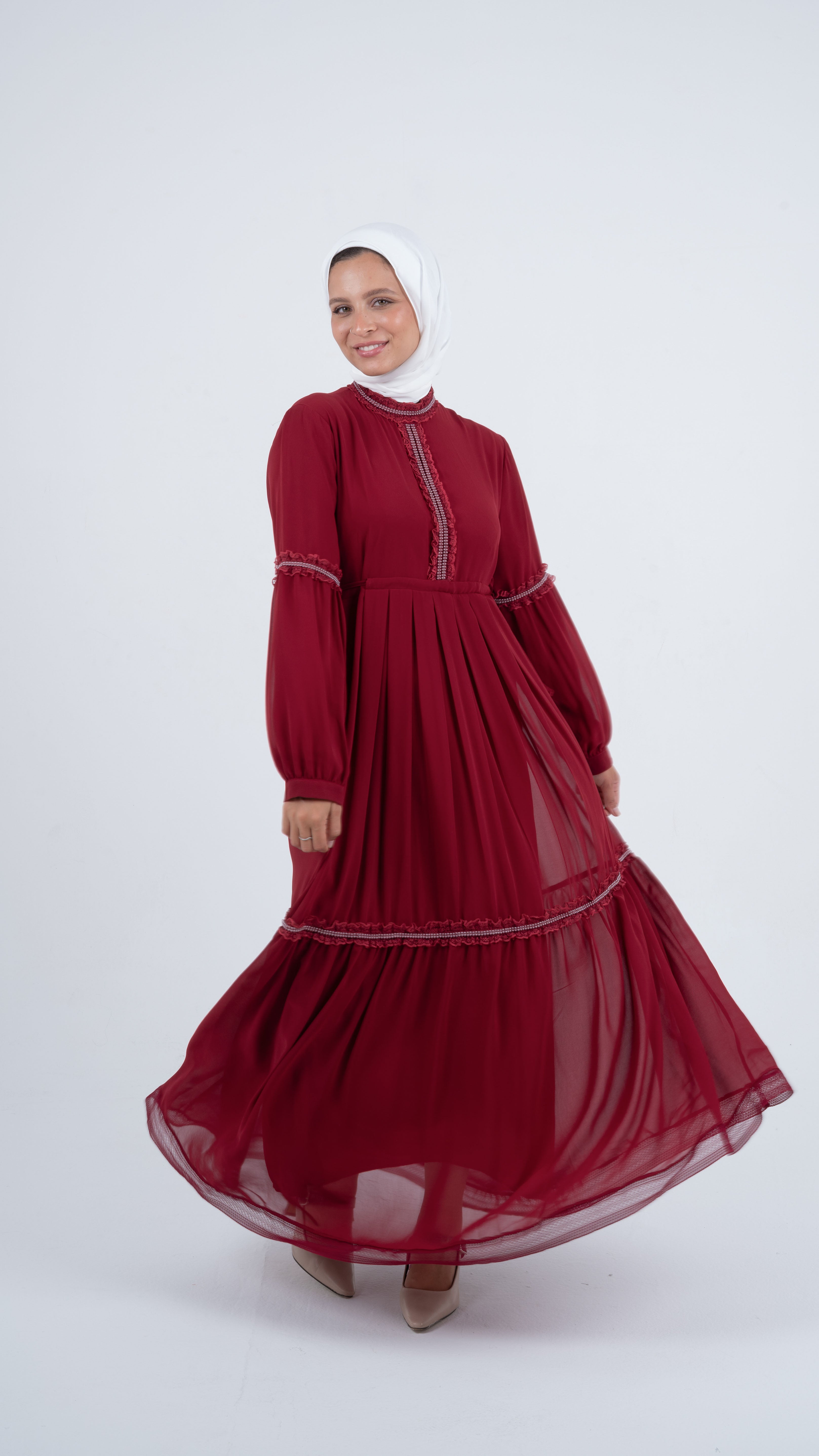 Red Pearl Chiffon Dress