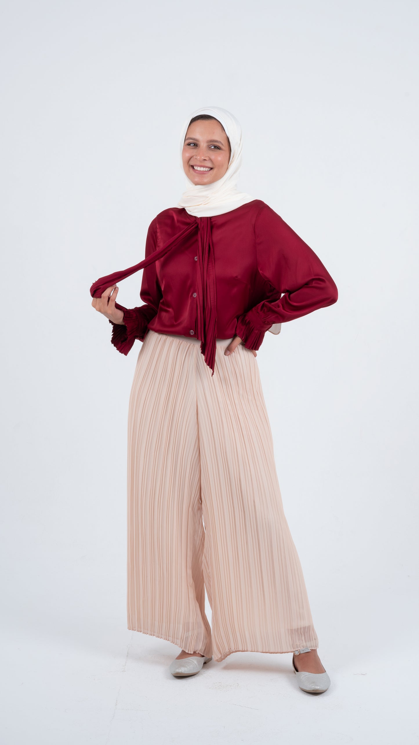 Red Formal Soft Satin Blouse with a Pleated Tie