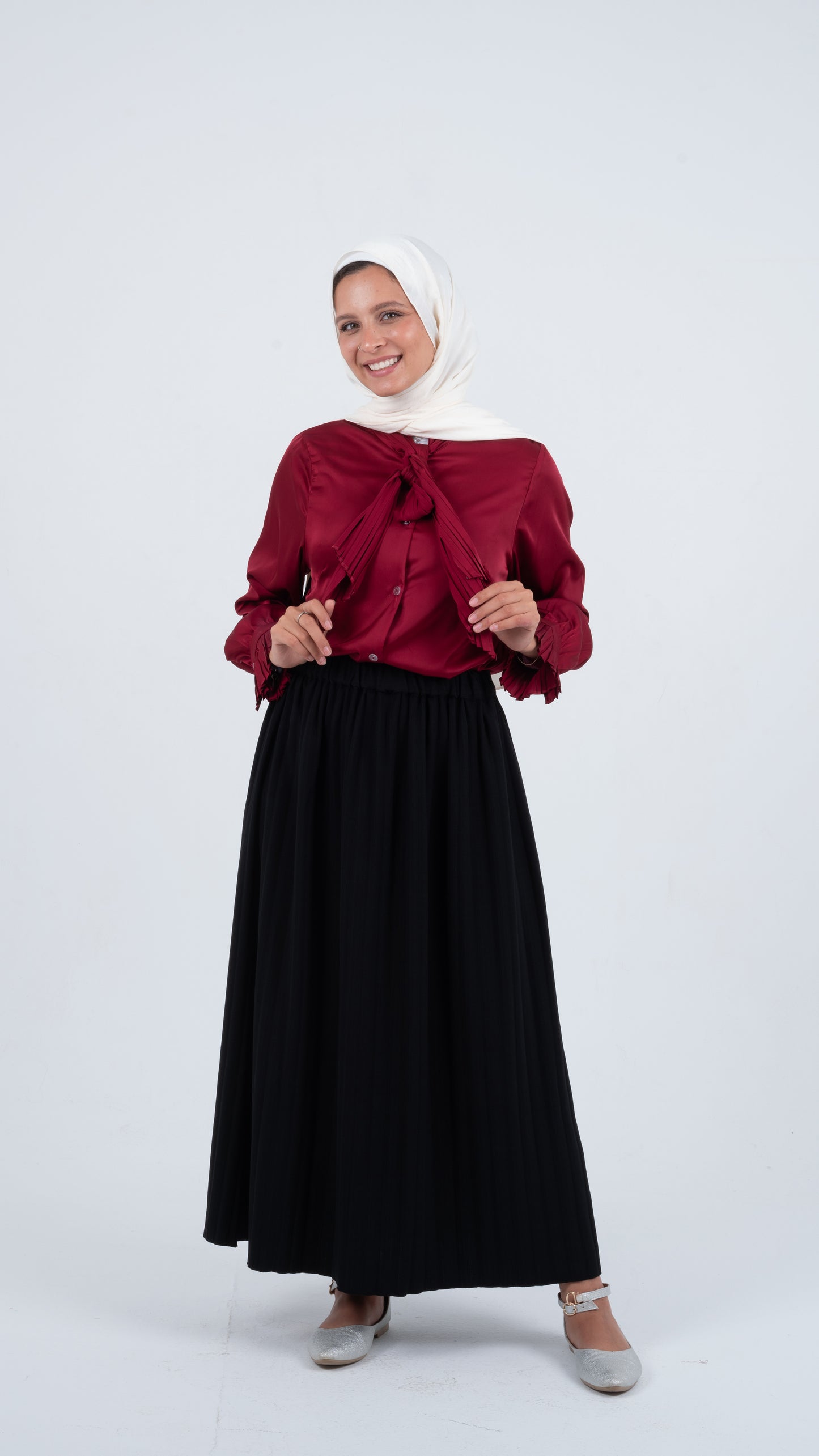 Red Formal Soft Satin Blouse with a Pleated Tie