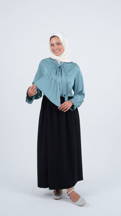 Mint Formal Soft Satin Blouse with a Pleated Tie
