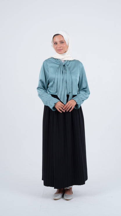 Mint Formal Soft Satin Blouse with a Pleated Tie