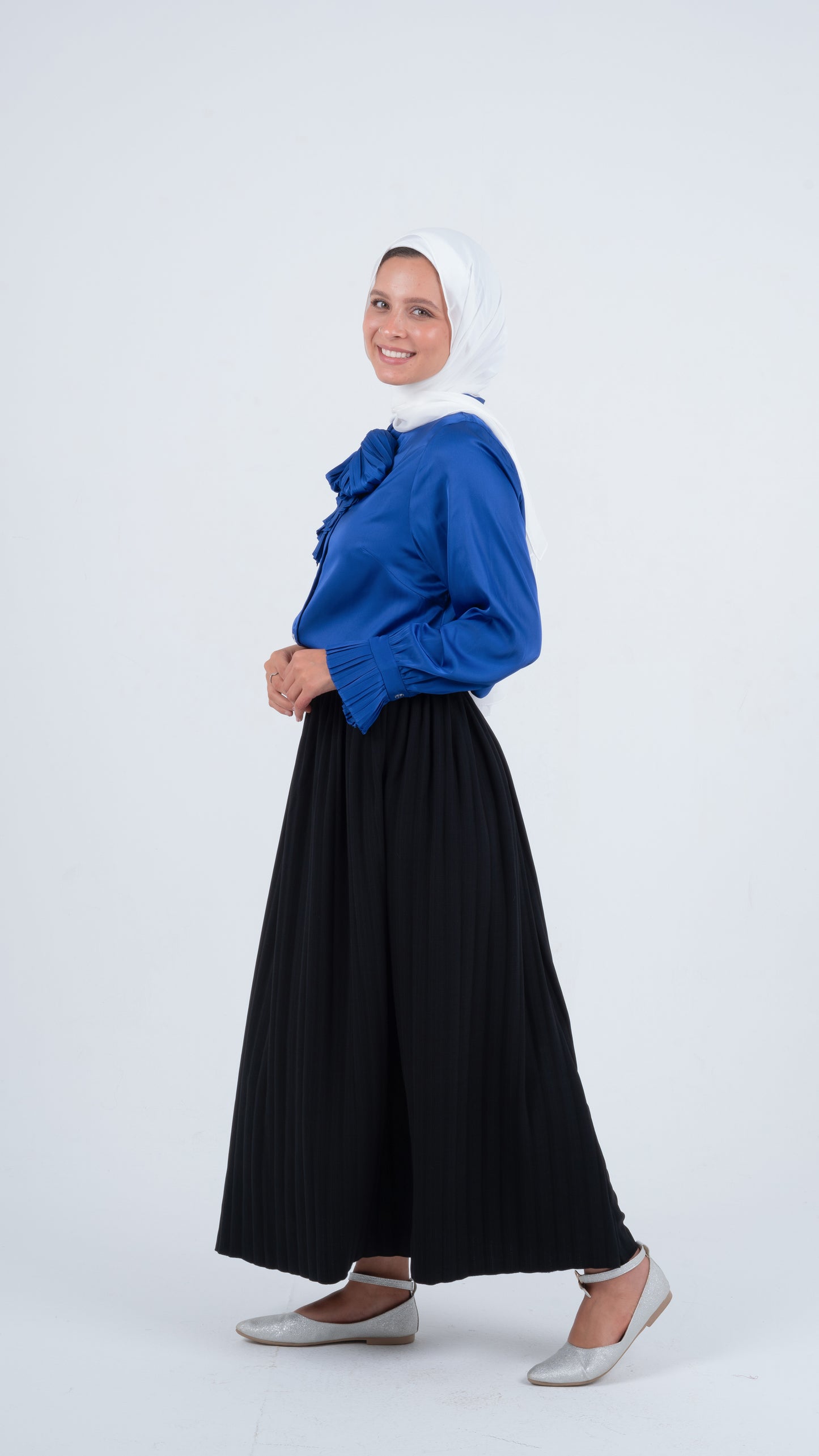 Royal Blue Formal Soft Satin Blouse with a Pleated Tie