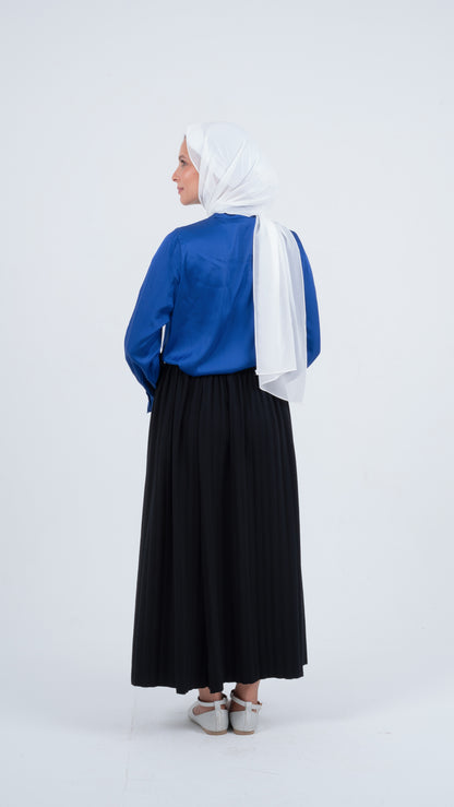 Royal Blue Formal Soft Satin Blouse with a Pleated Tie