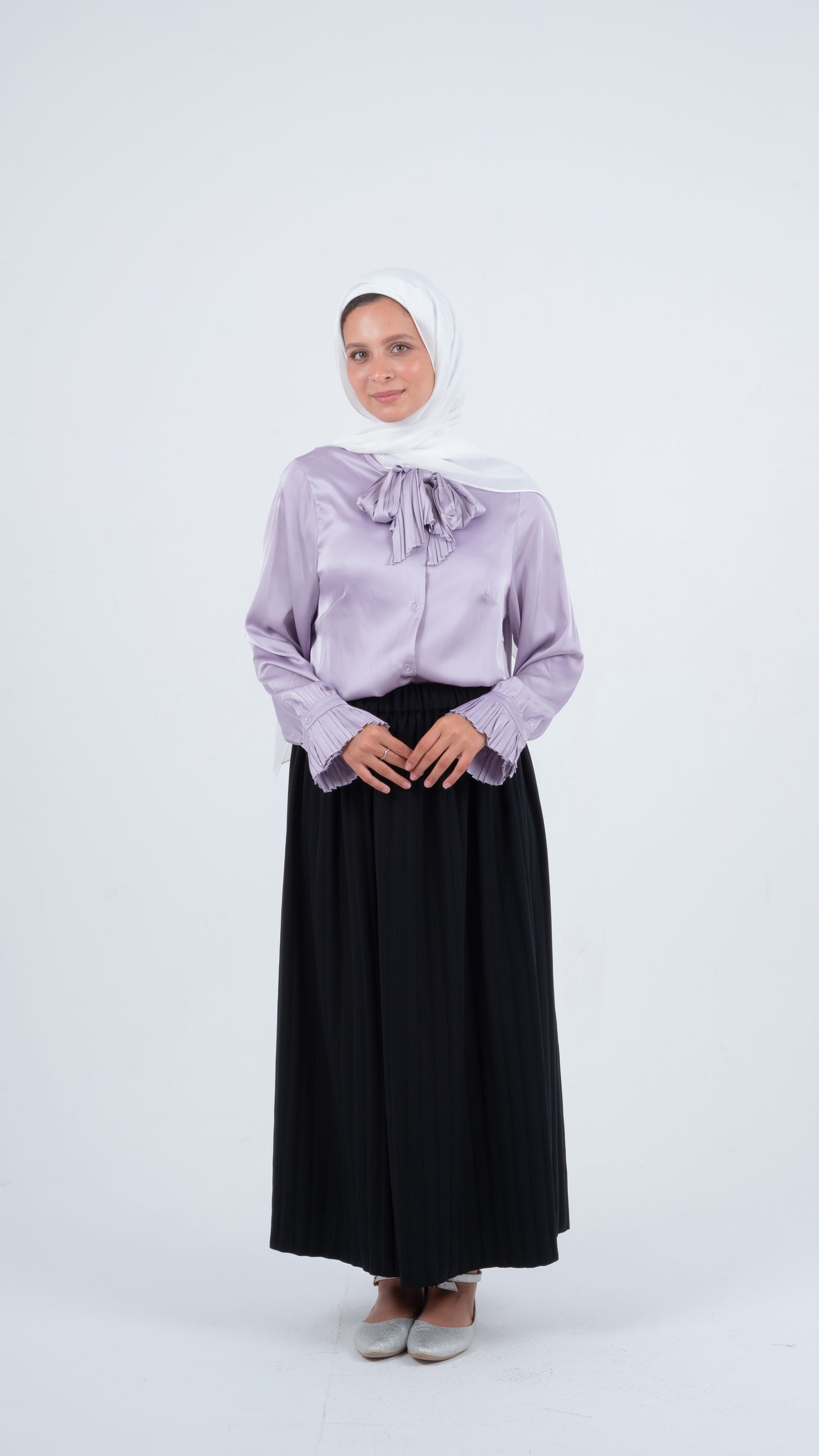 Lavender Purple Formal Soft Satin Blouse with a Pleated Tie