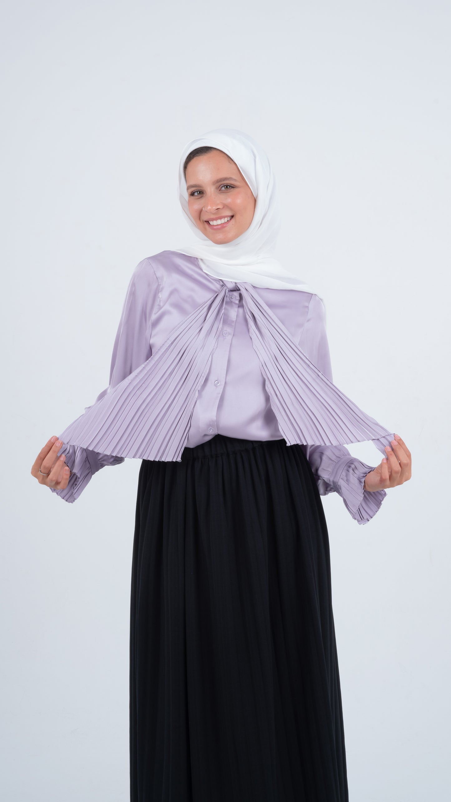 Lavender Purple Formal Soft Satin Blouse with a Pleated Tie