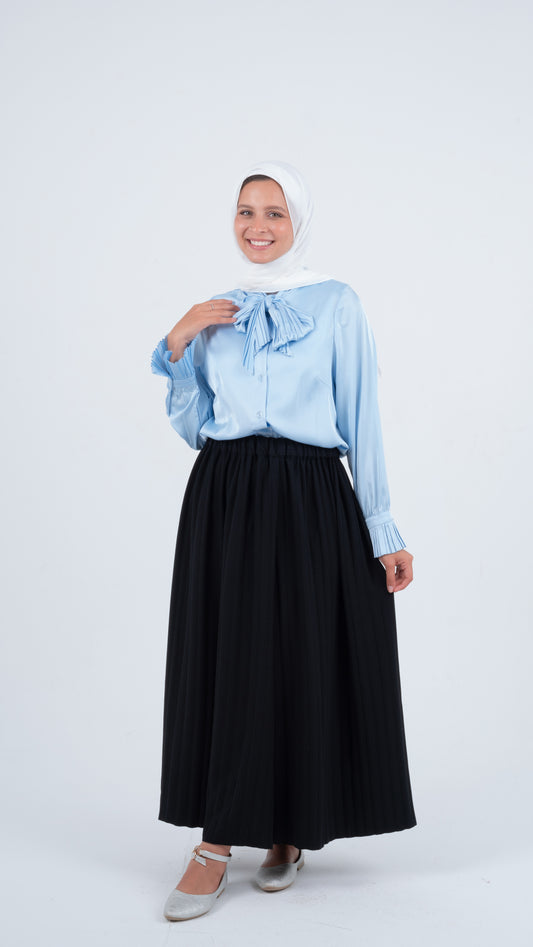 Light Blue Formal Soft Satin Blouse with a Pleated Tie