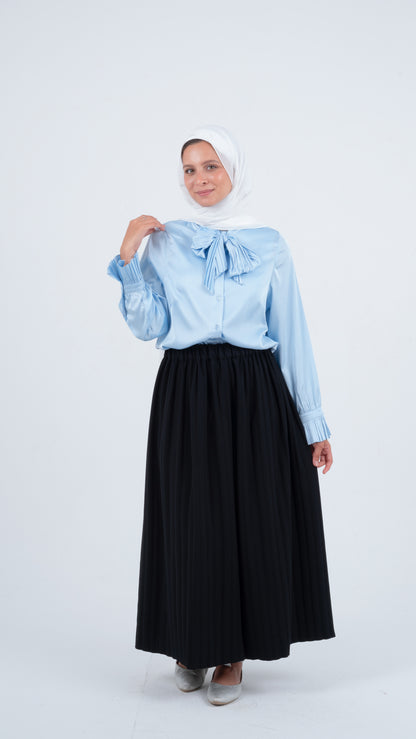 Light Blue Formal Soft Satin Blouse with a Pleated Tie