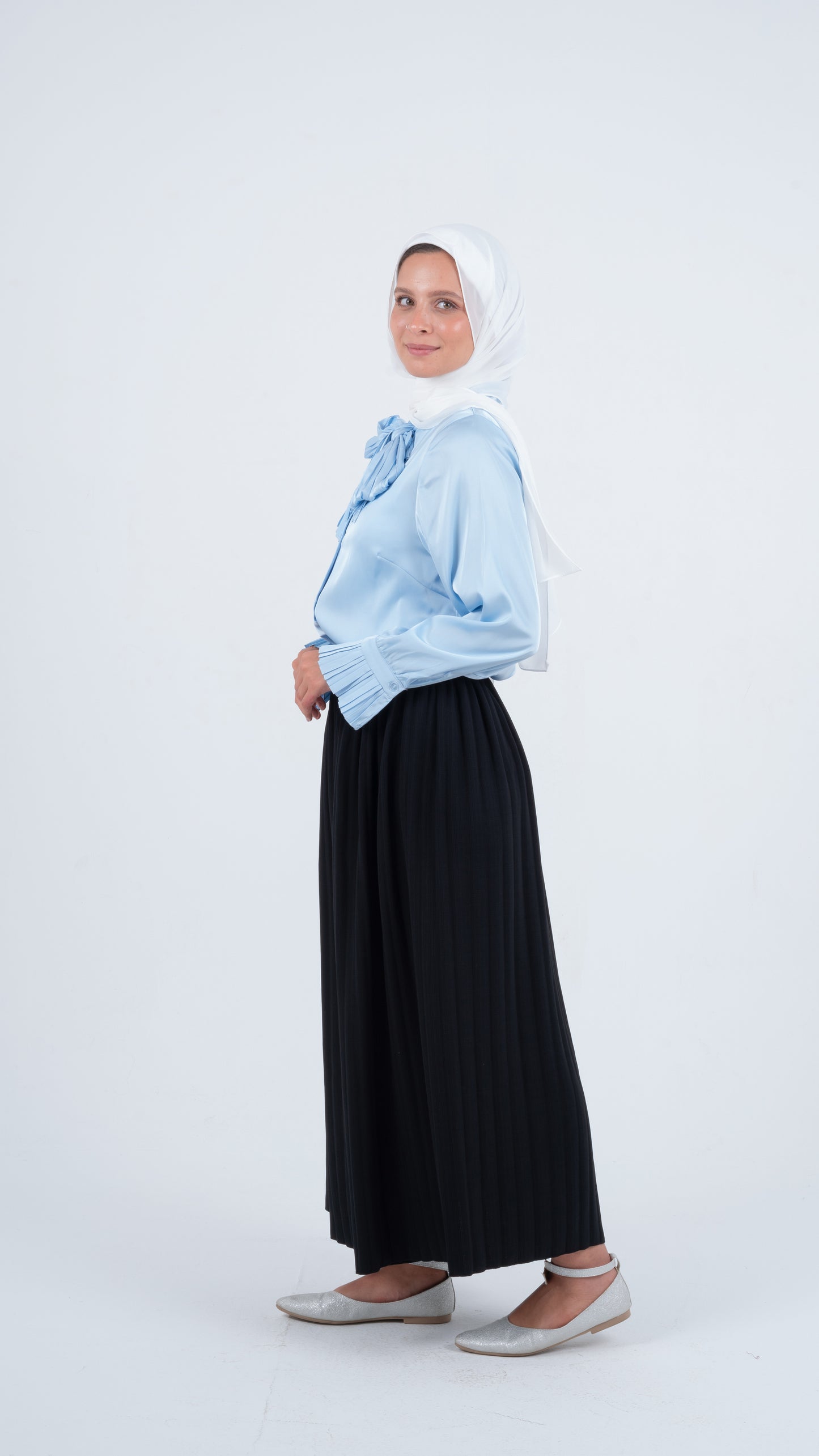 Light Blue Formal Soft Satin Blouse with a Pleated Tie