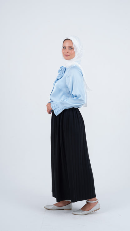 Light Blue Formal Soft Satin Blouse with a Pleated Tie