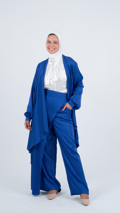 Royal Blue Flowy Wrap Satin Set ( 3 pieces )