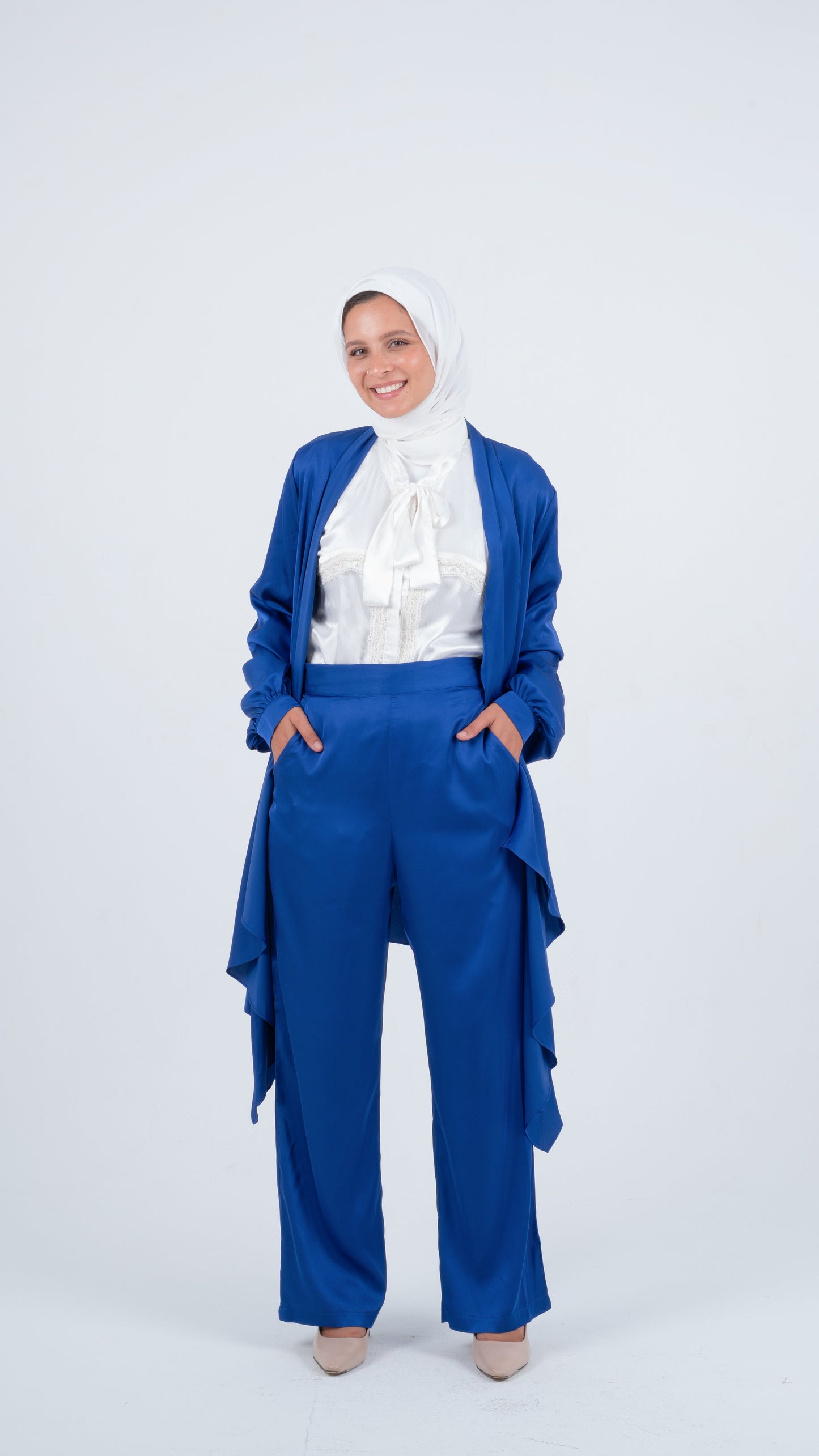 Royal Blue Flowy Wrap Satin Set ( 3 pieces )