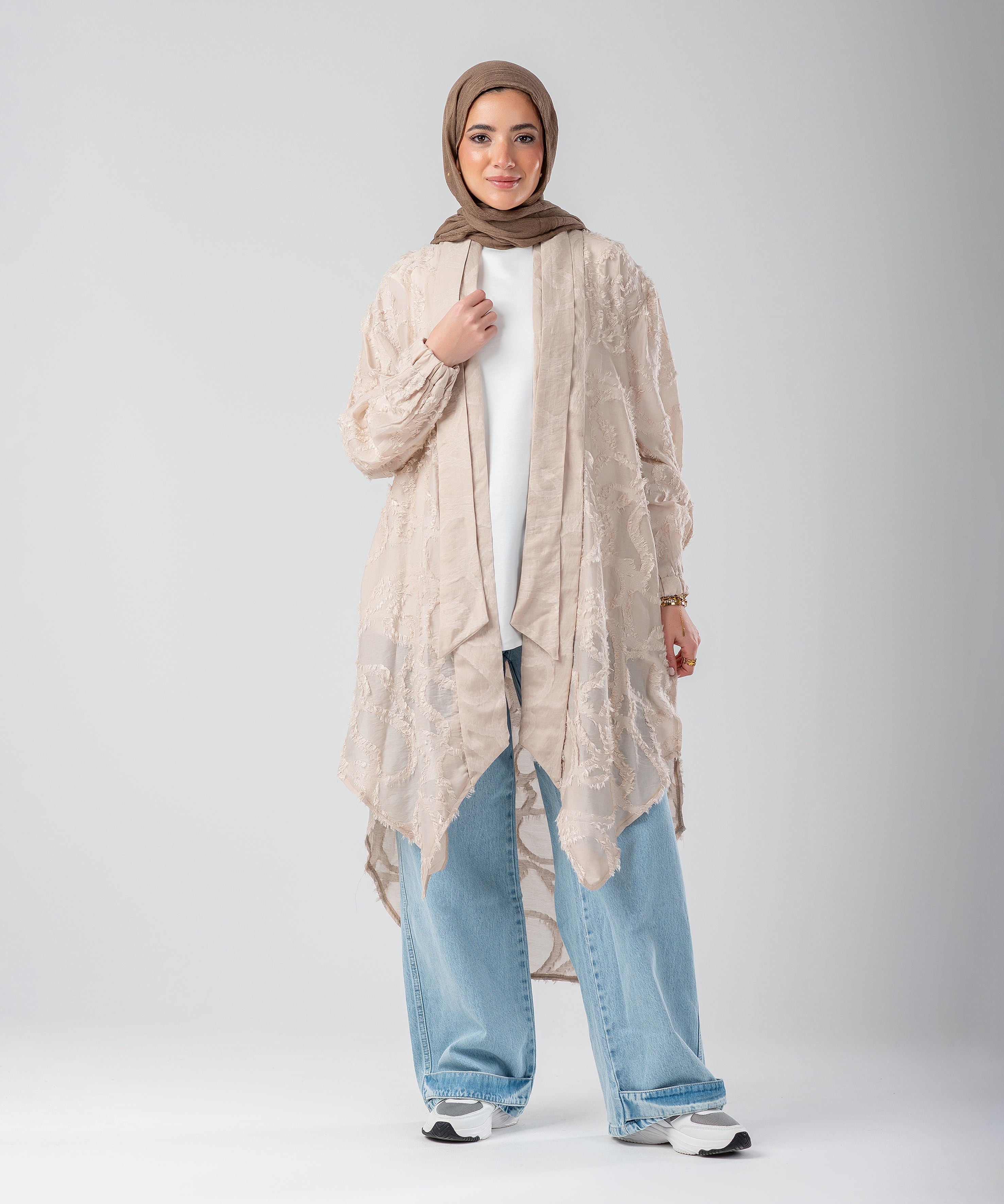 Elegant Lace Modest Cardigan – (Beige)