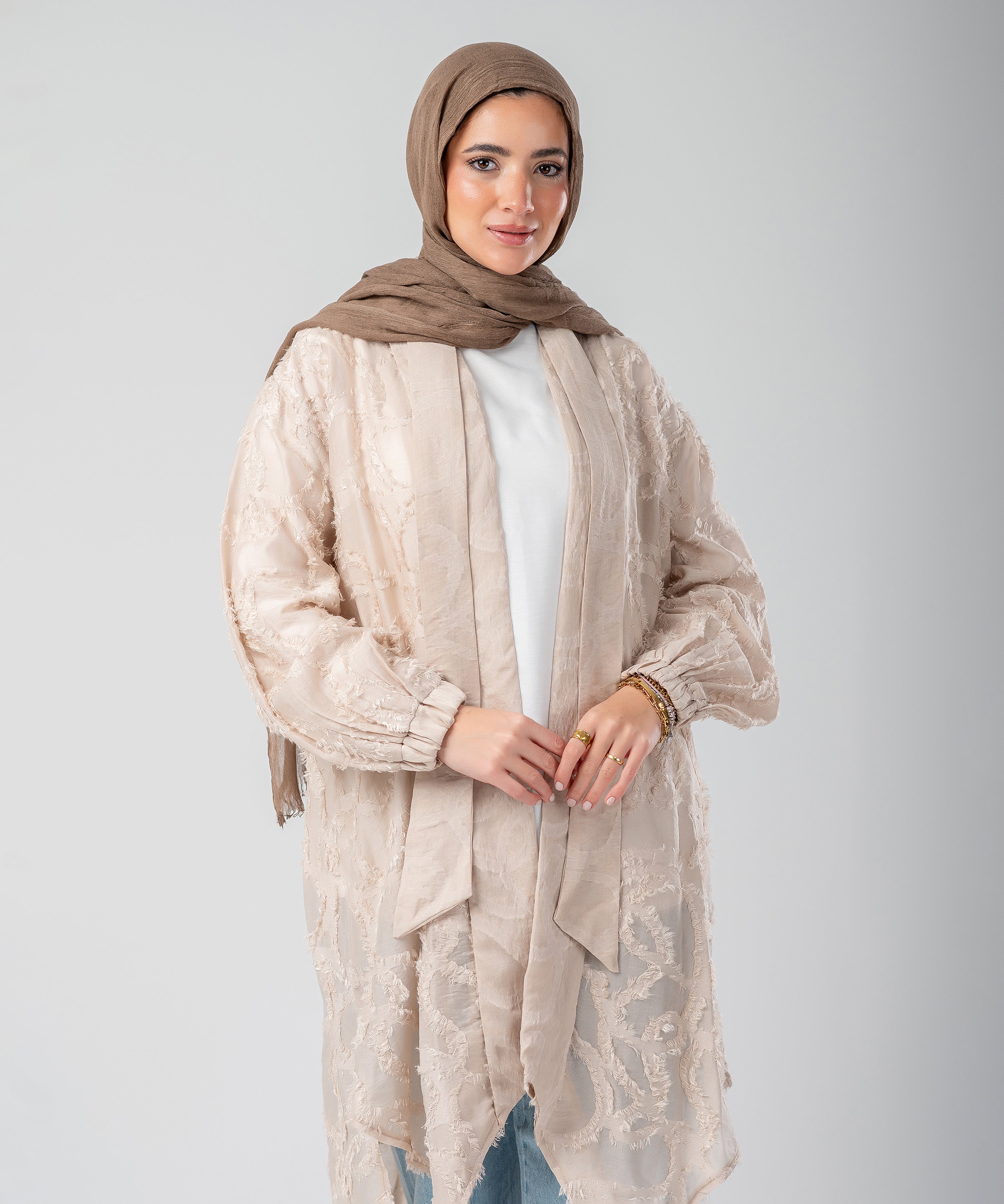 Elegant Lace Modest Cardigan – (Beige)
