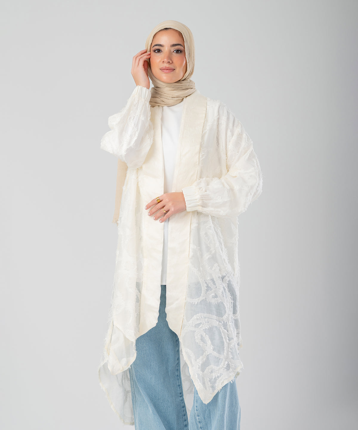 Elegant Lace Modest Cardigan – (White)