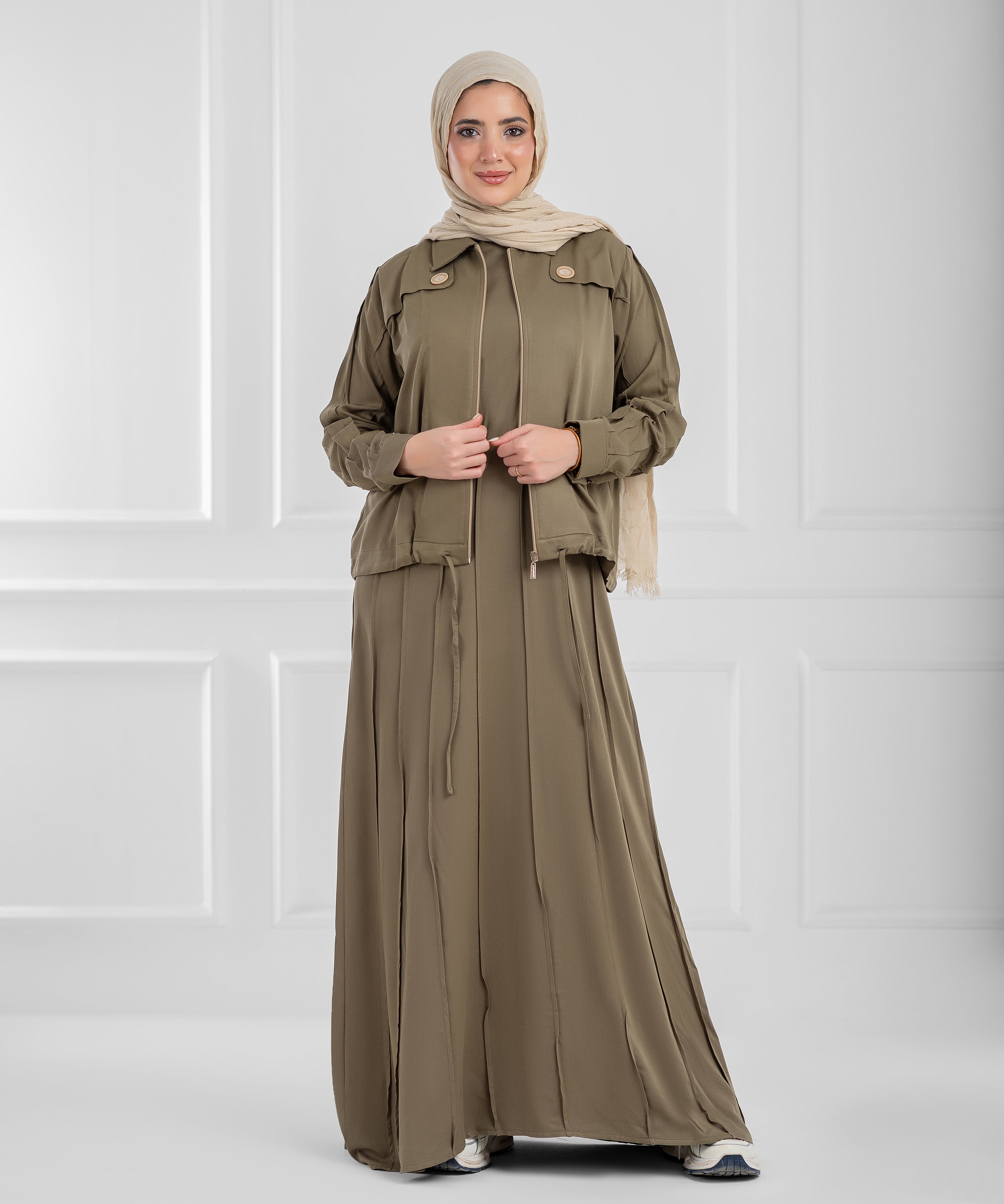 Summer Cotton Oriana Olive Modest Set (dress + cropped jacket)
