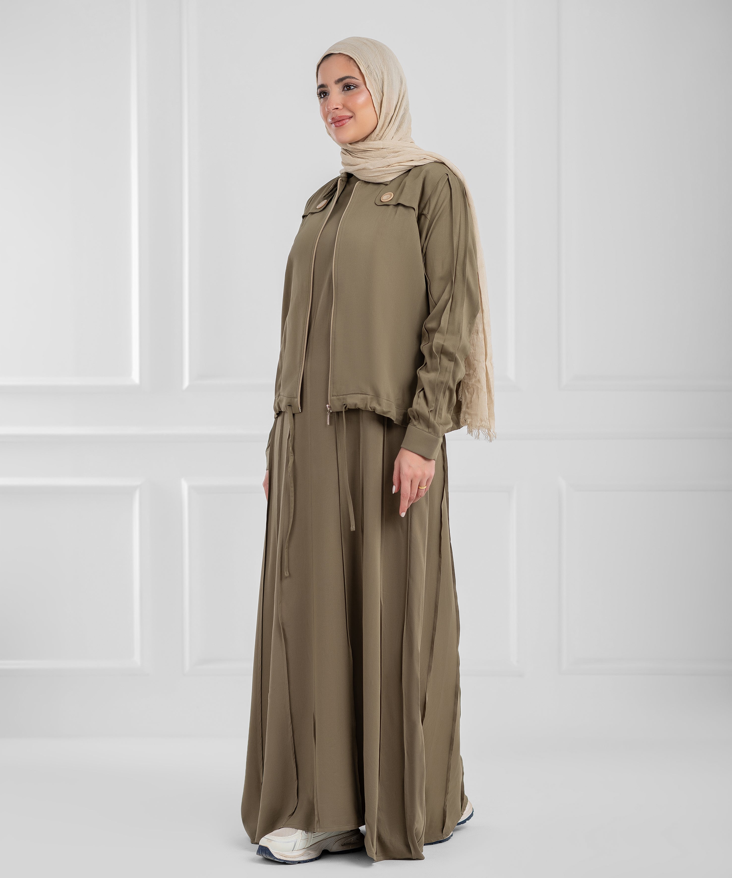 Summer Cotton Oriana Olive Modest Set (dress + cropped jacket)