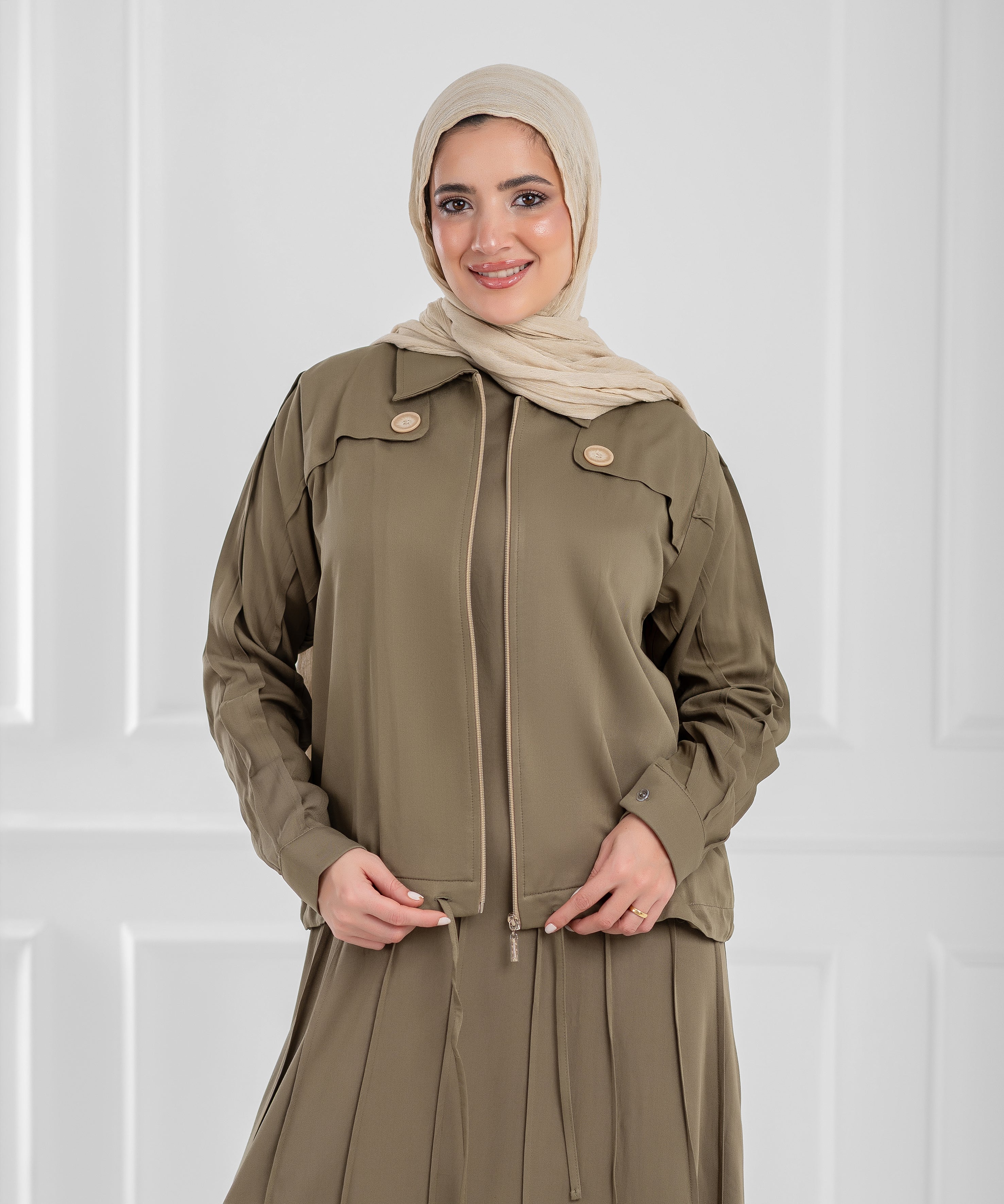 Summer Cotton Oriana Olive Modest Set (dress + cropped jacket)