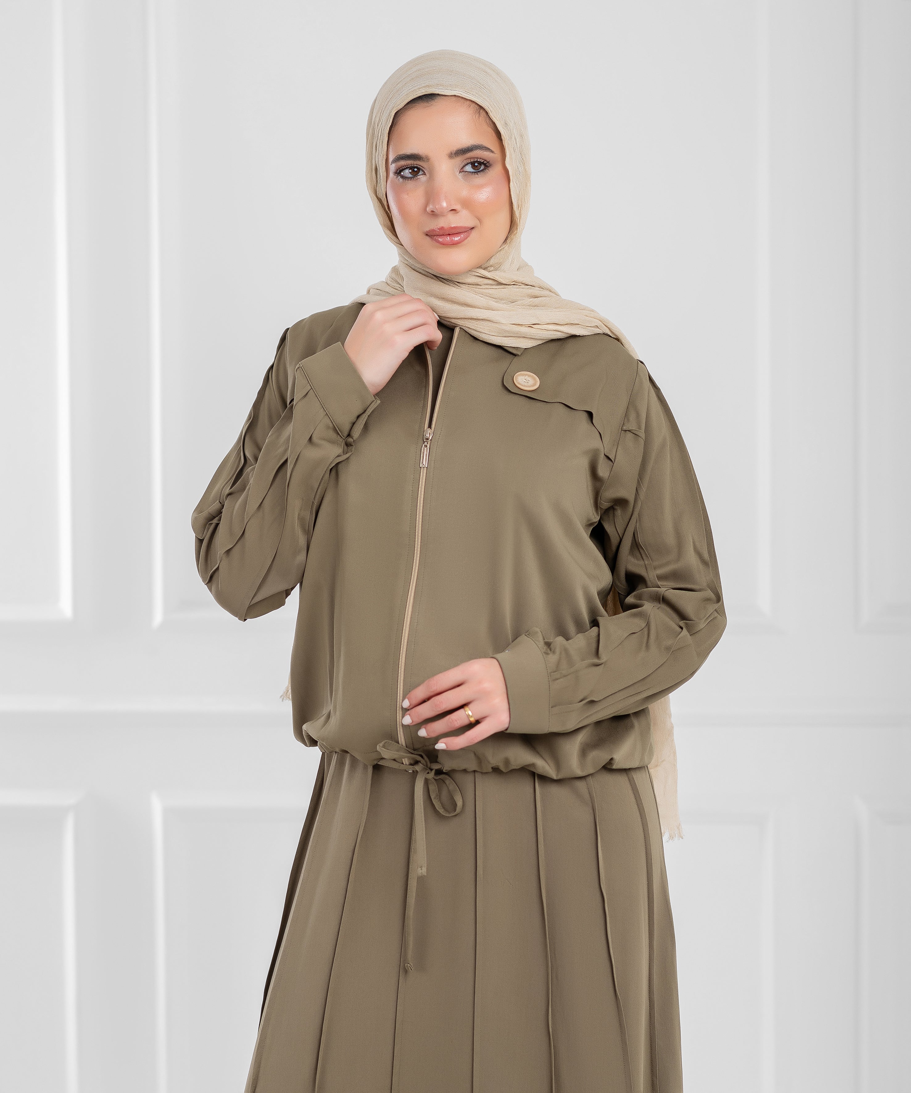 Summer Cotton Oriana Olive Modest Set (dress + cropped jacket)