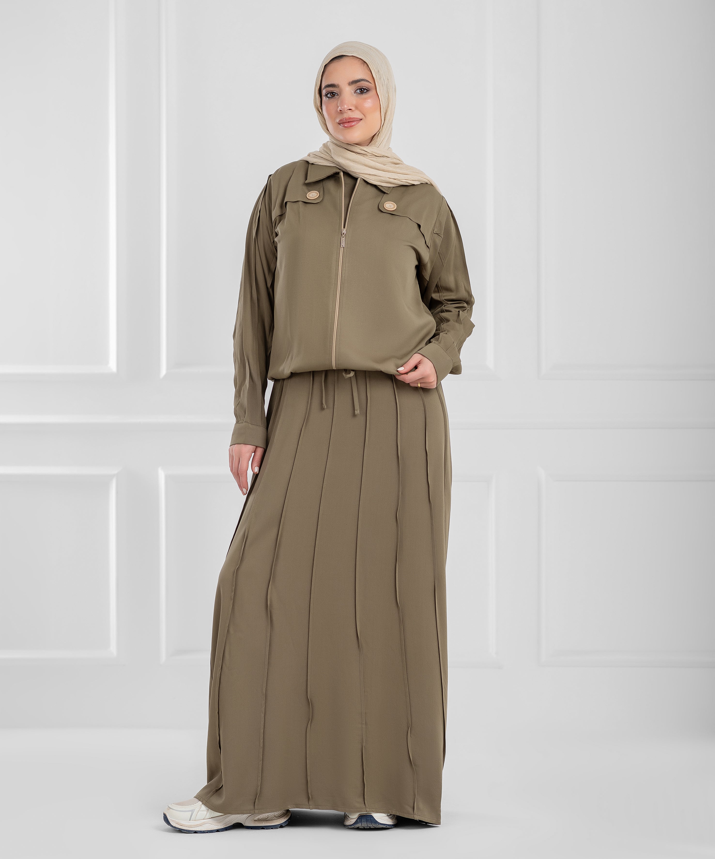 Summer Cotton Oriana Olive Modest Set (dress + cropped jacket)