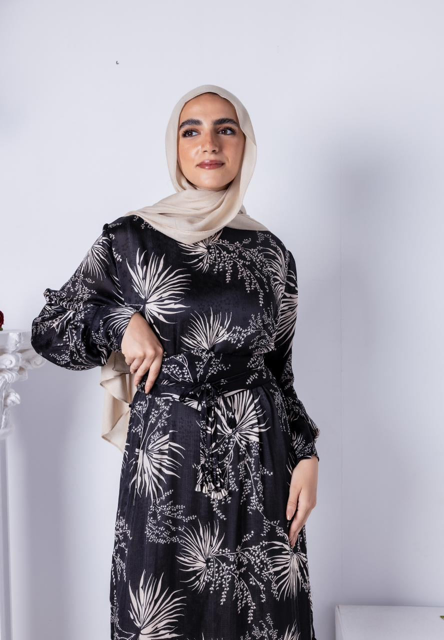 Floral Jacquard Printed Dress Black x Beige