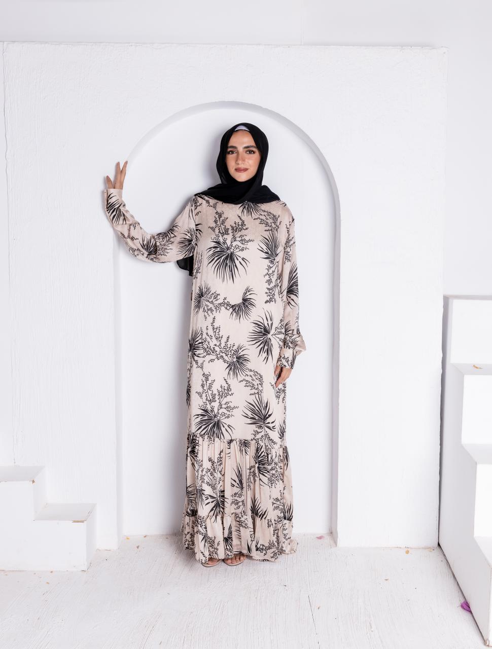 Floral Jacquard Printed Dress Beige x Black