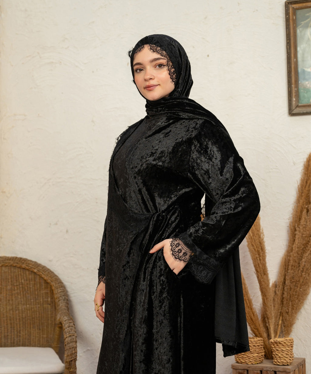 Dentelle Velvet Isdal / Black - اسدال قطيفة دانتيل اسود